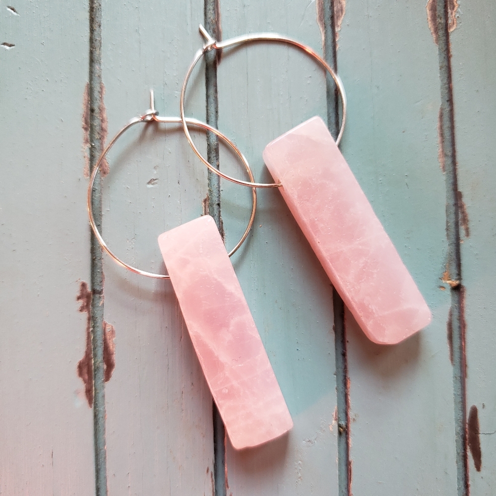 Handmade Pink Rose Quartz Crystal Healing Hoops Earrings